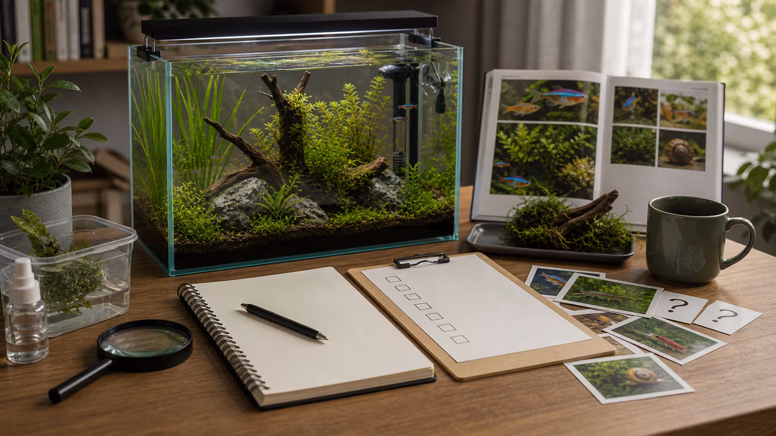 Aquarium planning desk with planted tank, species research notes, local rule checklist, and responsible sourcing materials.
