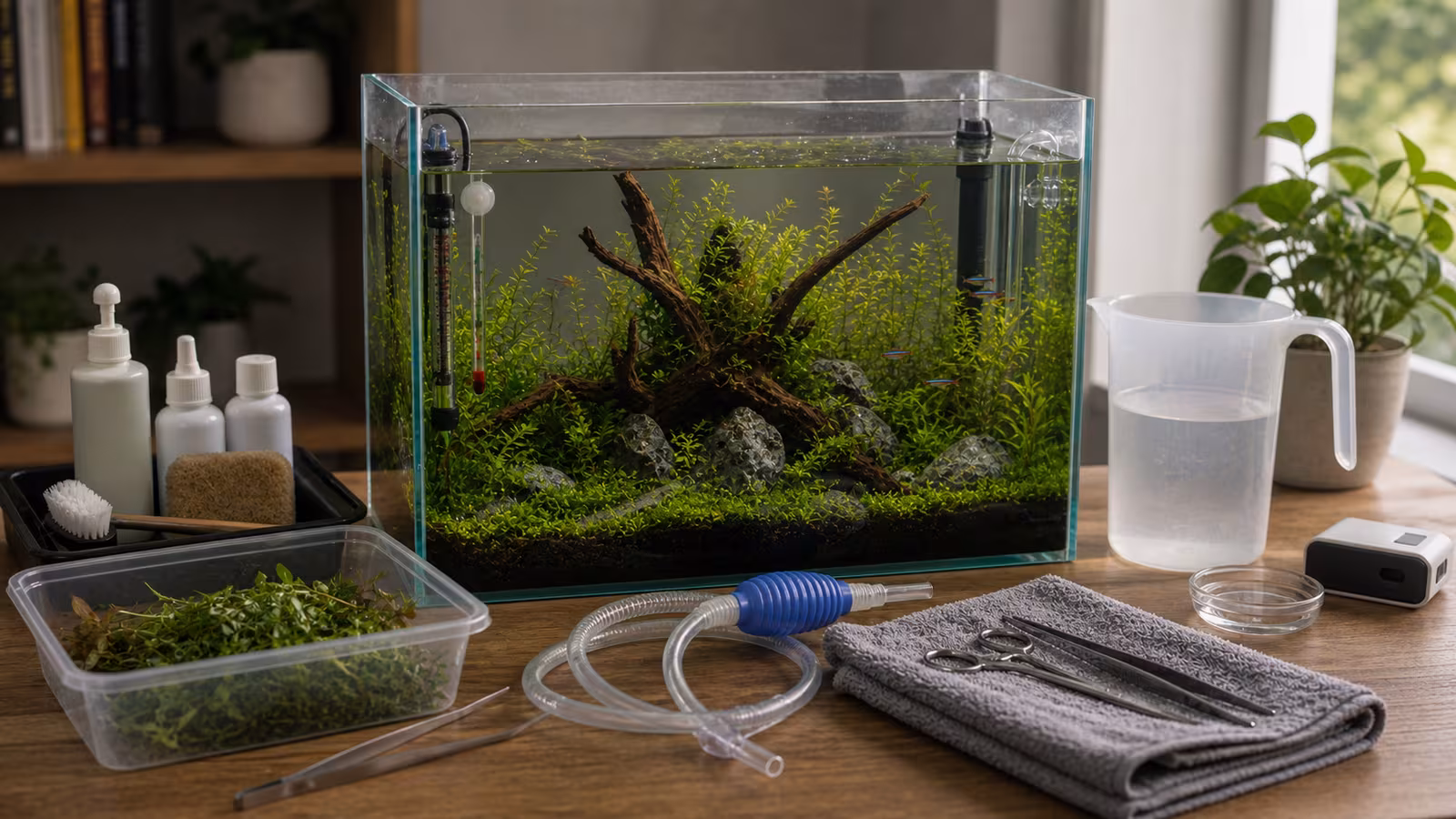 A planted aquarium maintenance setup with towel, siphon, bucket, scissors, test tubes, filter sponge, and checklist on a dry table.
