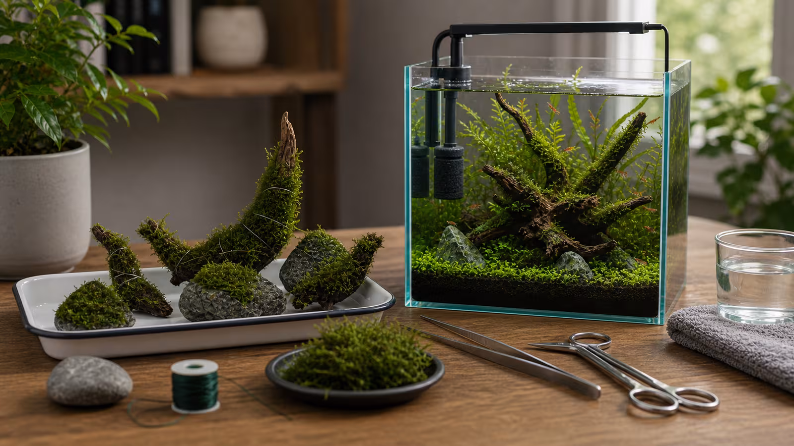 Aquarium moss attached to small driftwood and stones in a nano aquascape with tweezers, scissors, and shrimp-safe layout details.