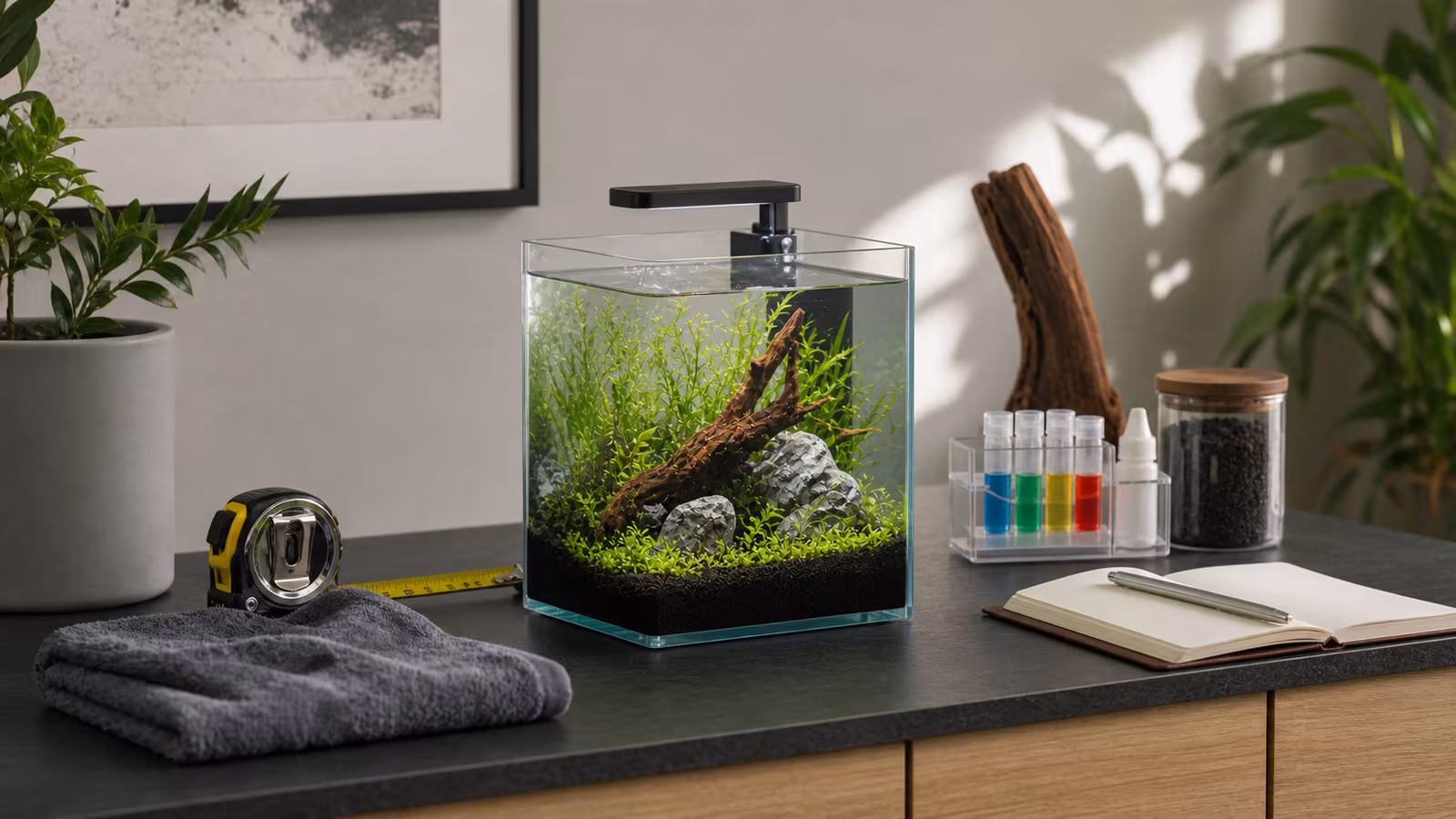 A small planted nano aquarium beside a measuring tape, test kit, towel, and notebook on a sturdy surface.