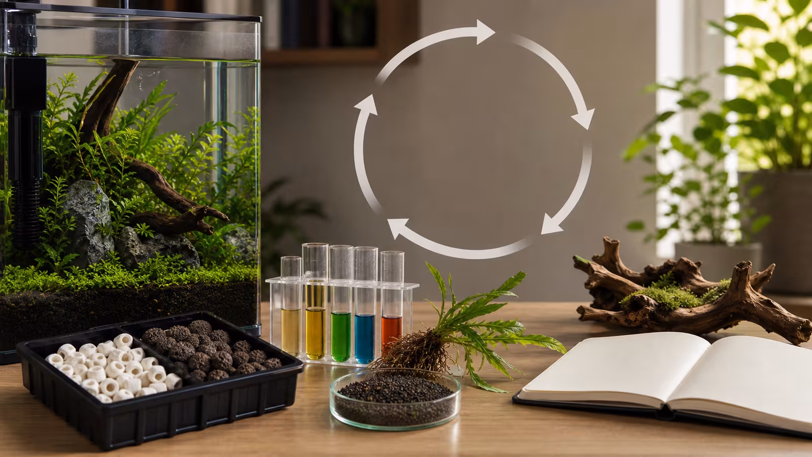 A planted aquarium filter media tray, test tubes, plant roots, substrate sample, and simple cycle arrows drawn as blank shapes.