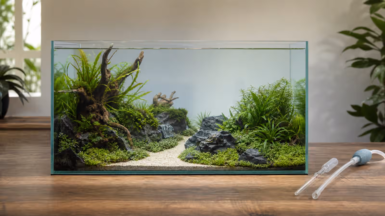 A planted aquarium with an open pale sand path, low foreground plants, stones, and cleaning tools.
