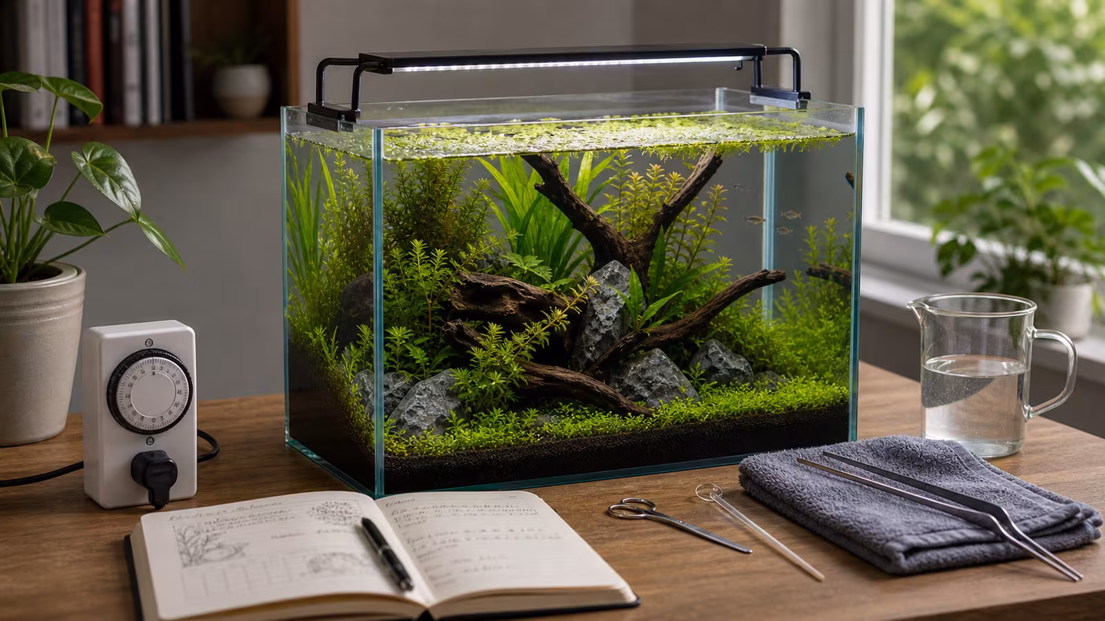 Aquarium light timer, planted tank, dimmable light bar, curtains, and a maintenance note card arranged near a tank.