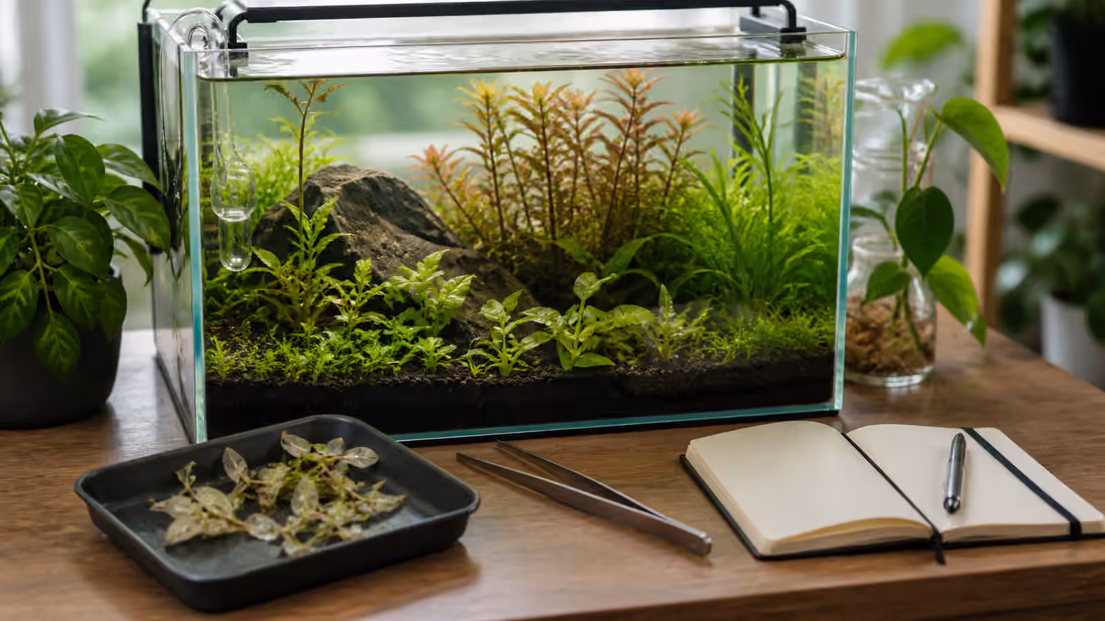 A planted aquarium with healthy new aquatic plant growth, trimmed melting leaves, tweezers, tray, and notebook.