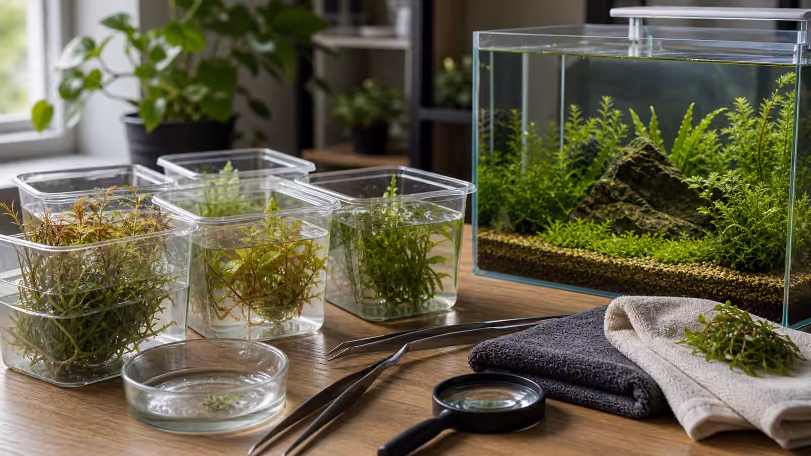 Aquarium plants resting in clear quarantine containers beside tweezers, a magnifier, rinse bowl, towel, and planted tank.