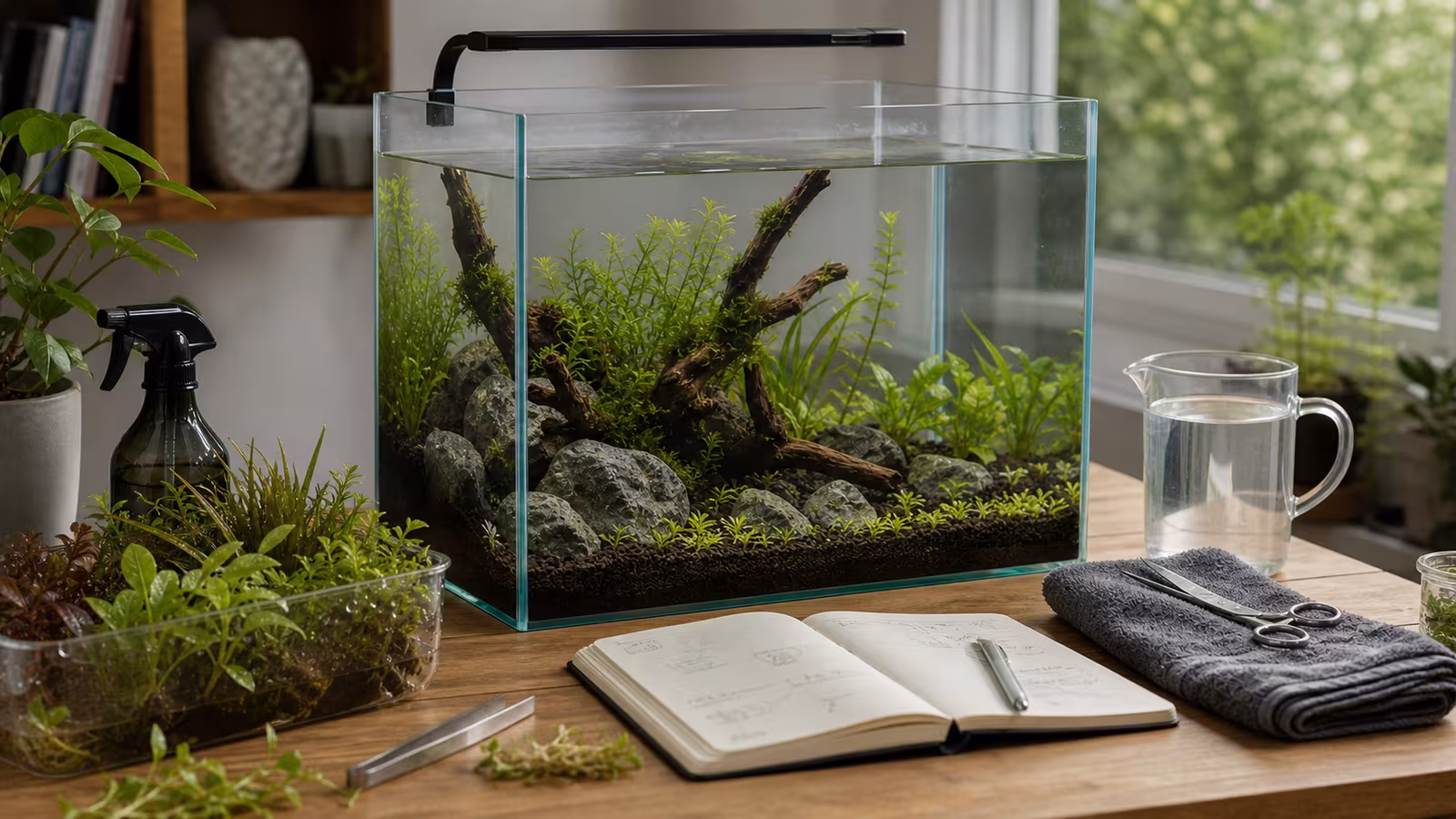 A calm planted aquarium work area with a partially planted tank, aquatic plants, pruning scissors, towel, and notebook.