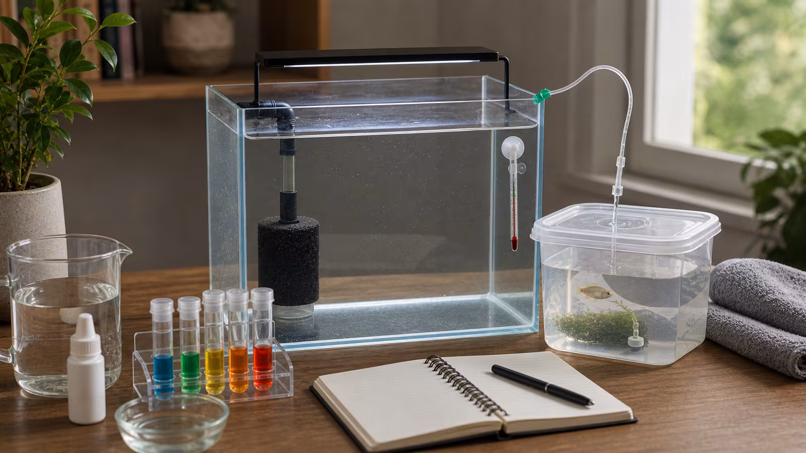A simple quarantine aquarium with sponge filter, heater, thermometer, observation notebook, drip line, and covered container.
