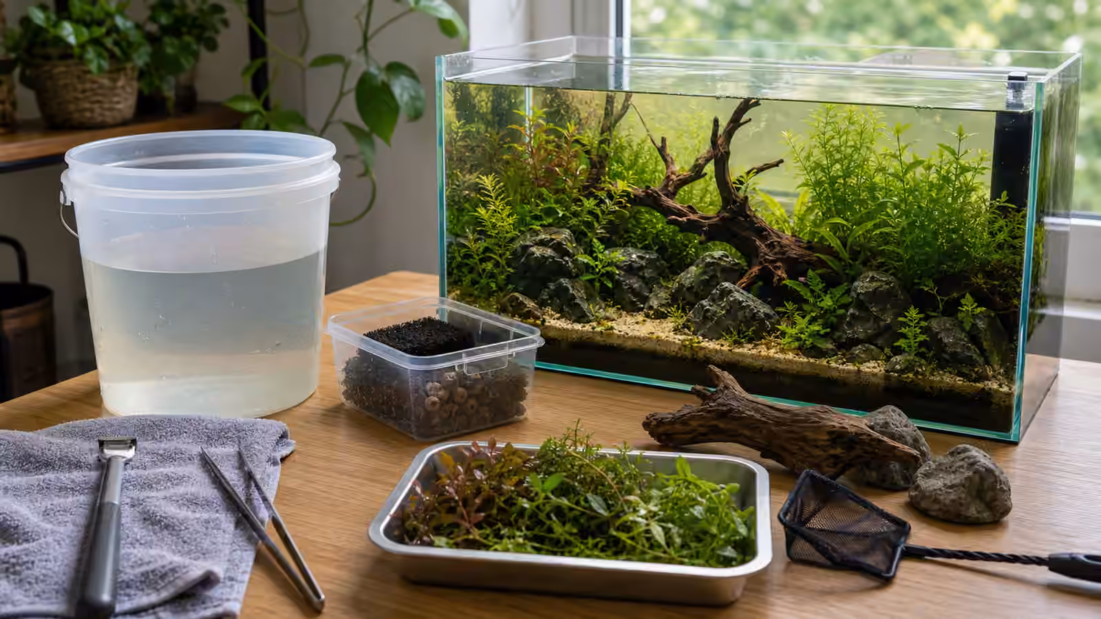 A mature planted aquarium being carefully rescaped with saved tank water, wet filter media, plant trimmings, net, towel, and hardscape.