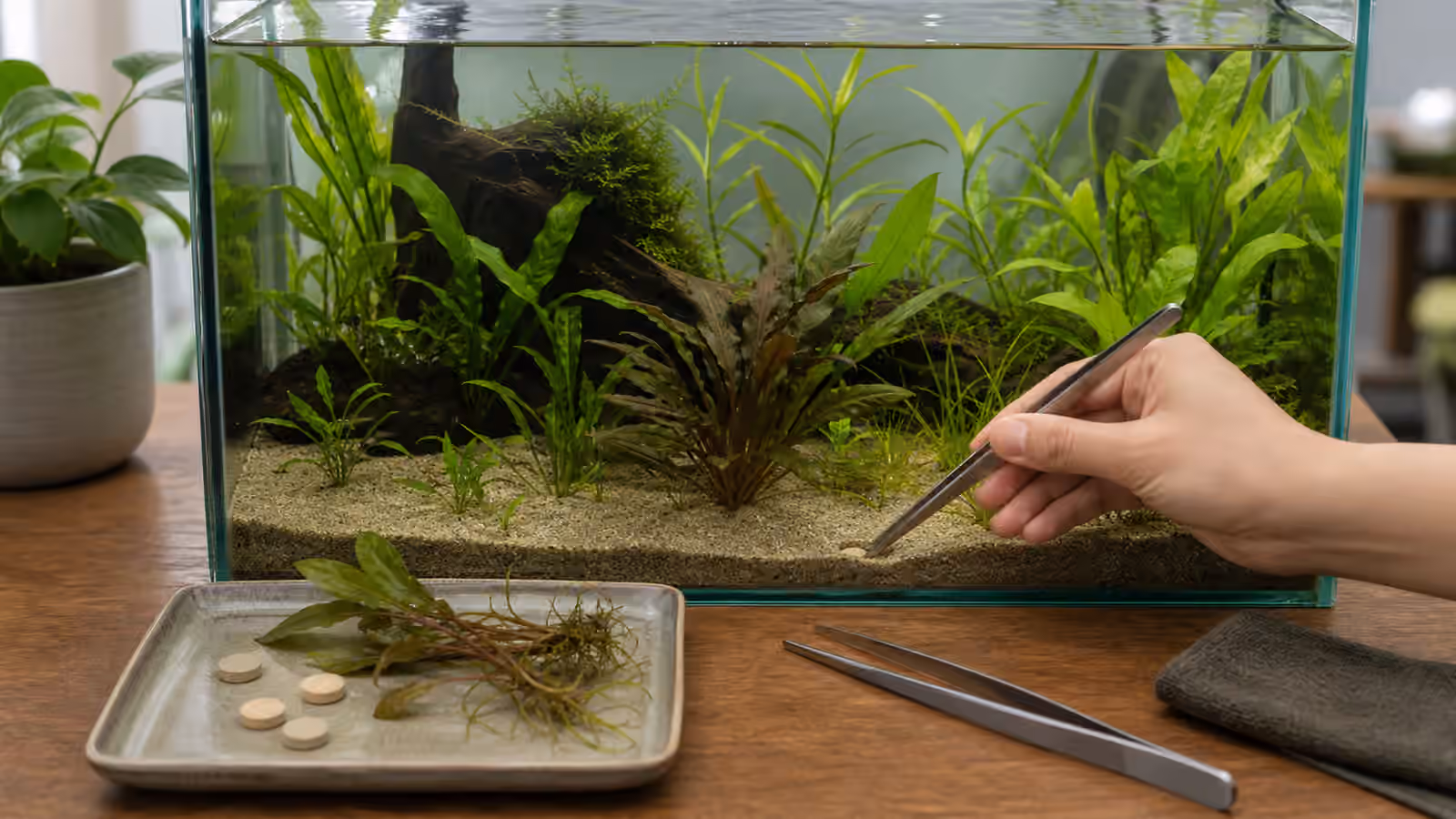 Tweezers placing root tabs in aquarium substrate near rooted aquatic plants in a planted tank.
