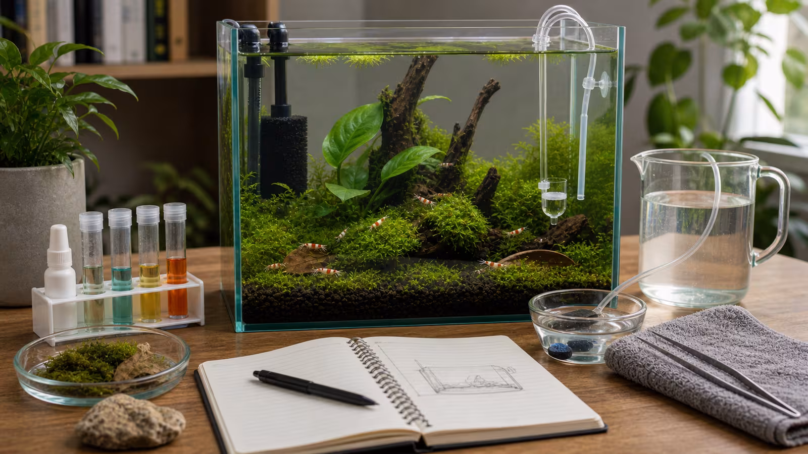 A planted shrimp tank with moss, leaf litter, sponge filter, mineral testing supplies, and tiny shrimp grazing on hardscape.