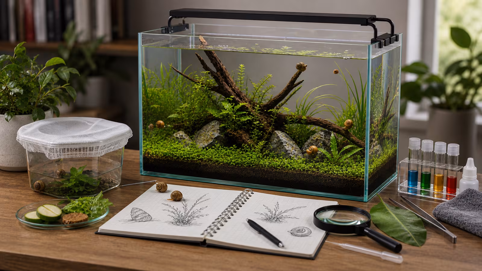 Aquarium snails on plant leaves and glass in a planted tank with a magnifying glass, feeding dish, and maintenance notebook.
