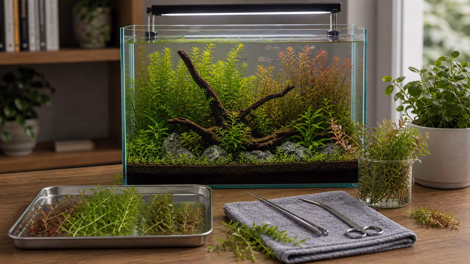 Aquarium stem plants being trimmed with aquascaping scissors beside a tray of healthy cuttings and a planted tank.