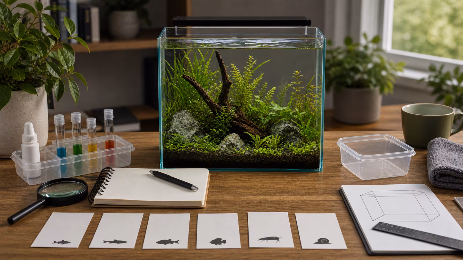 A small planted aquarium with a stocking worksheet, measuring tape, test kit, and careful species research notes beside the glass.