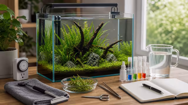 A planted aquarium maintenance setup with algae scraper, timer, trimmed plants, towel, and clear water.