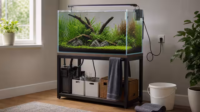 A planted aquarium on a level sturdy stand with a drip loop, towel, bucket, and clear maintenance access.