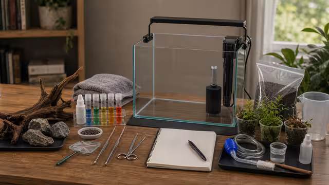 Aquascape budget planning table with tank, light, filter, substrate, plants, test kit, tools, and maintenance supplies arranged neatly.
