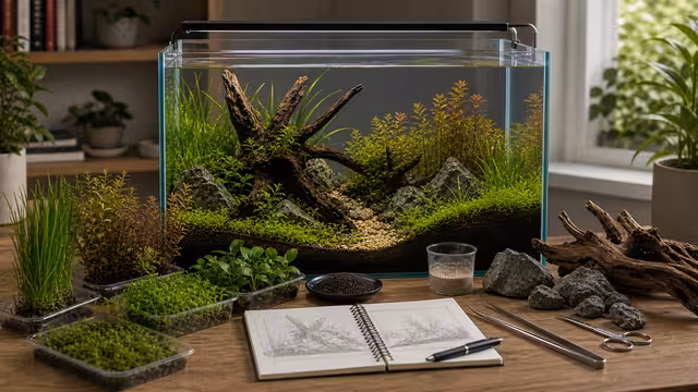 A planted aquarium layout in progress with stone focal point, substrate slope, plant groups, and simple composition sketch nearby.