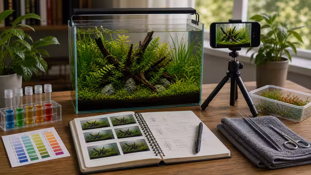 A planted aquarium photo journal setup with phone on tripod, weekly tank photos, water test notes, and trimming records.