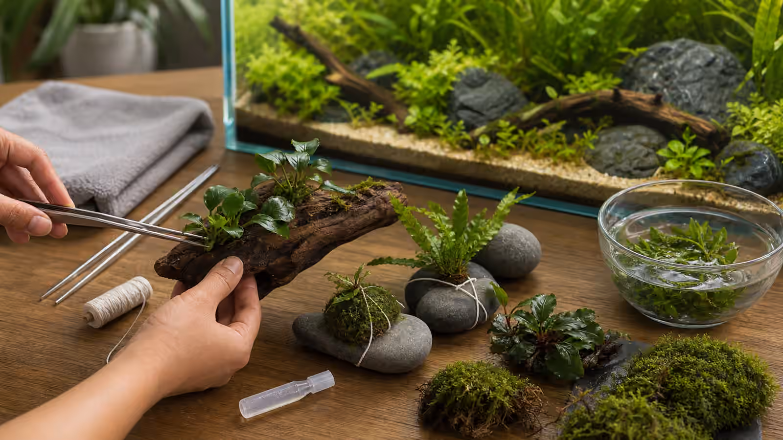 Aquarium epiphyte plants being attached to driftwood and smooth stones with tweezers, cotton thread, and clear gel glue.