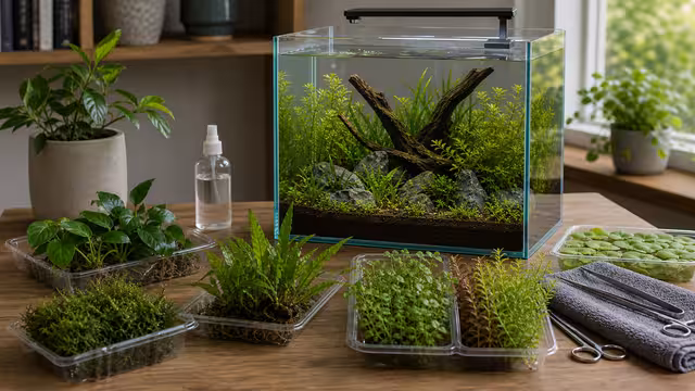Beginner aquarium plants arranged on a clean table beside a planted tank, including Java fern, Anubias, crypts, moss, and floating plants.