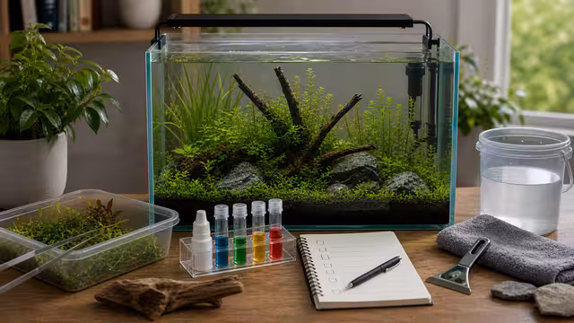 A planted aquarium reset planning scene with algae scraper, plant trimmings, test kit, water-change bucket, and calm checklist.