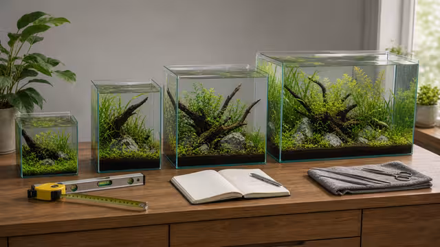 Several empty aquarium sizes compared on a sturdy cabinet with measuring tape, level, notebook, and plant tools.