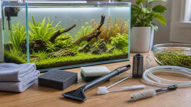 Aquarium-only cleaning tools beside a planted tank, including algae scraper, soft sponge, toothbrush, tubing brush, filter guard, and towels.