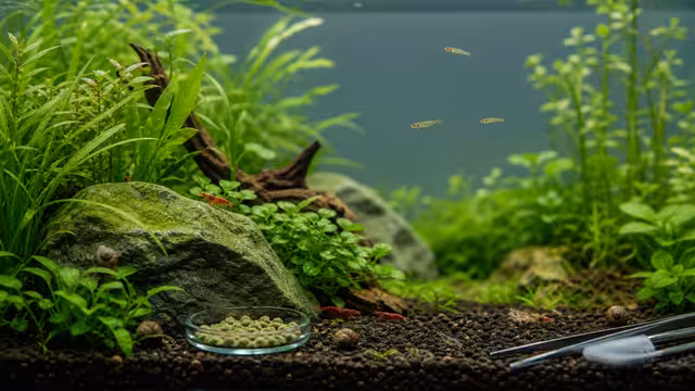 Shrimp and snails grazing in a healthy planted aquarium with a feeding dish and maintenance tools.
