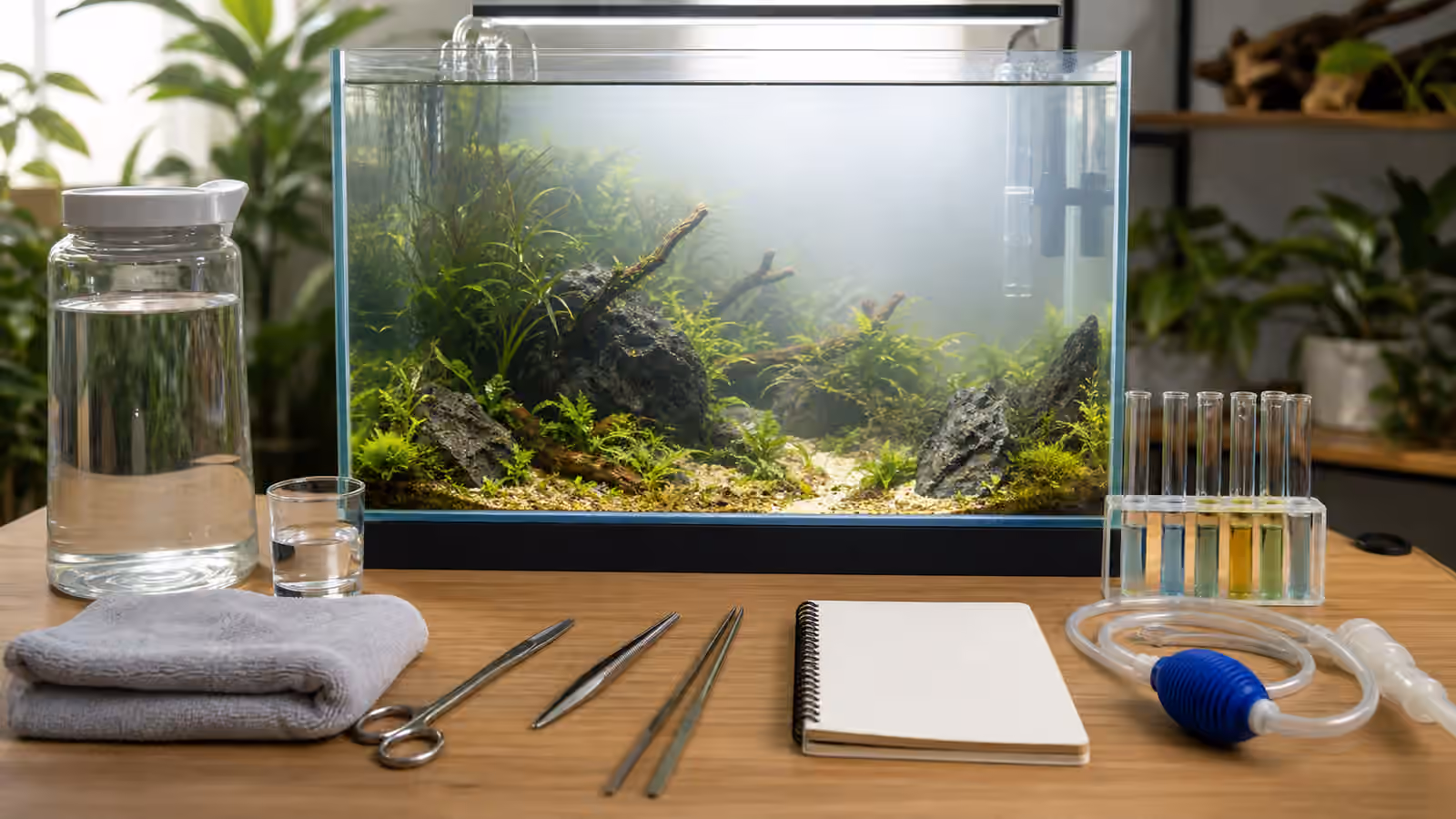 A new planted aquarium with a slight white haze beside test tubes, towel, siphon, and maintenance notebook.