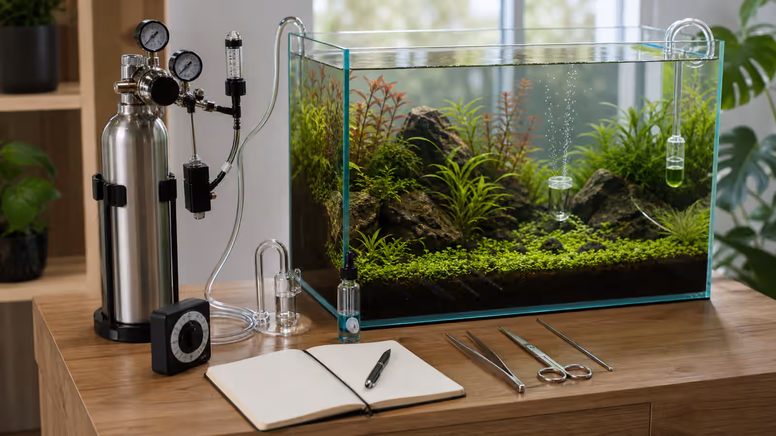 A secured CO2 cylinder, regulator, bubble counter, diffuser, drop checker, timer, tools, and planted aquarium.