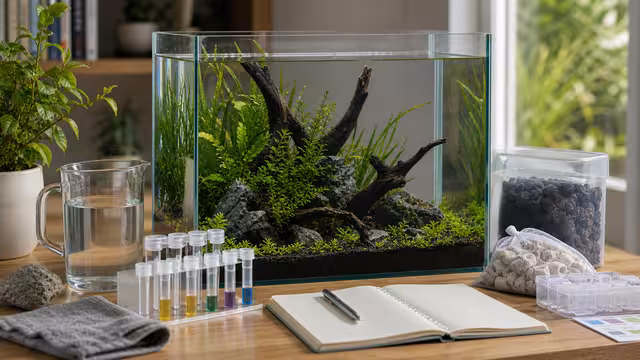 A planted aquarium cycling setup with test tubes, filter media, aquatic plants, notebook, and no animals in the tank.