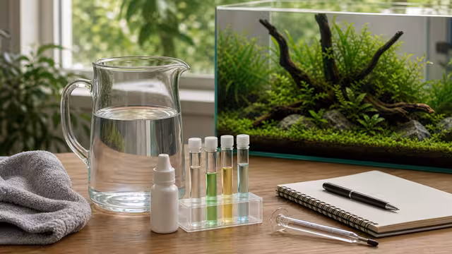 Aquarium source-water setup with tap water pitcher, dechlorinator bottle without label, test tubes, planted tank, and notebook.