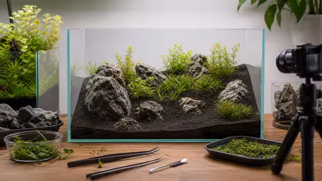 A small aquascape with a rising substrate slope, large foreground stones, smaller background stones, fine plants, tweezers, and camera.