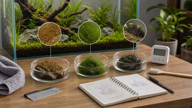 Aquarium plant leaves and hardscape samples with controlled examples of brown diatoms, green hair algae, and dark brush algae beside tools.