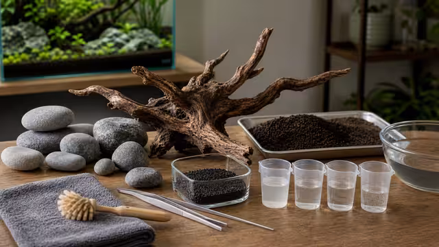 Aquarium driftwood, smooth stones, rinsed substrate, test cups, brush, towel, and plant tweezers arranged on a workbench.