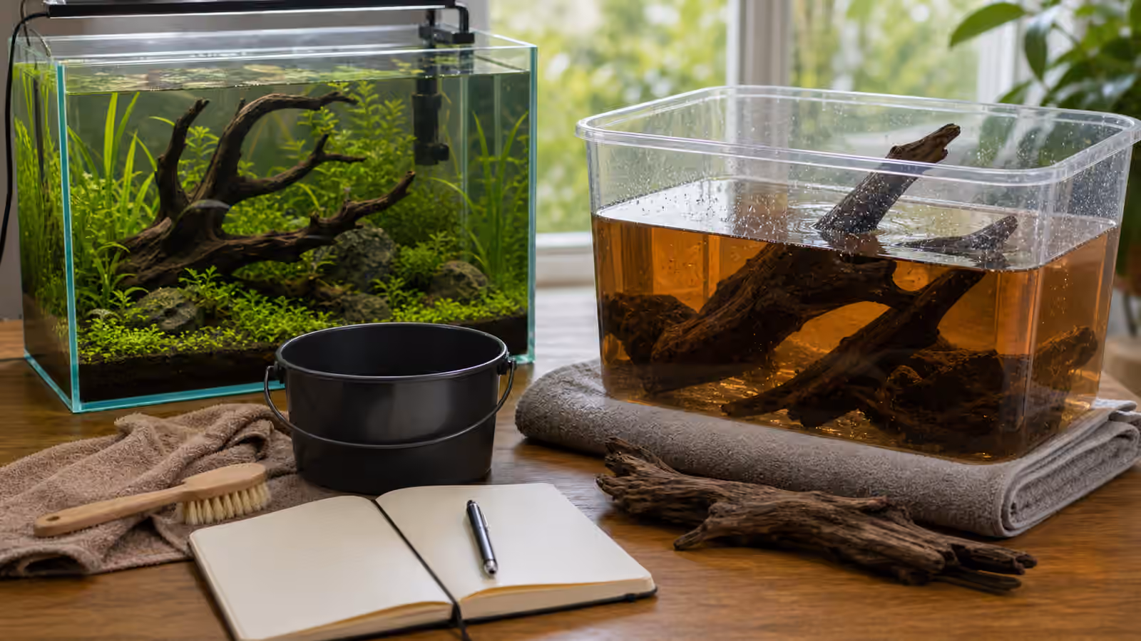 Aquarium driftwood soaking in amber water beside a planted tank, bucket, towel, brush, and notebook.