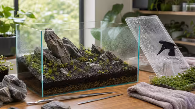A rimless aquarium dry start with damp substrate, small foreground plants, stones, misting bottle, clear cover, and towel.