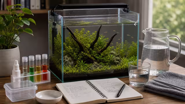 A planted nano aquarium with visible waterline, top-off pitcher, mineral test supplies, and marked maintenance notes.