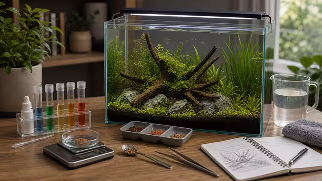 Small measured portions of aquarium food beside feeding tweezers, a feeding dish, planted tank, and maintenance notebook.
