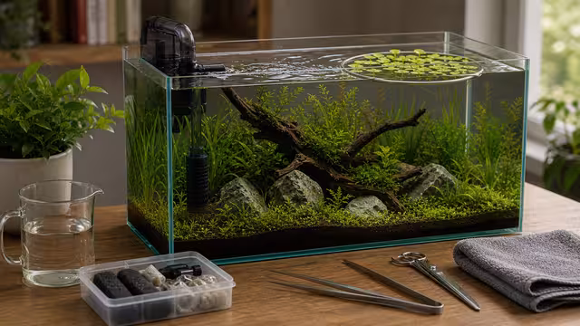 A planted aquarium with visible gentle surface ripple, filter outlet, sponge intake guard, plants moving lightly, and open swimming room.