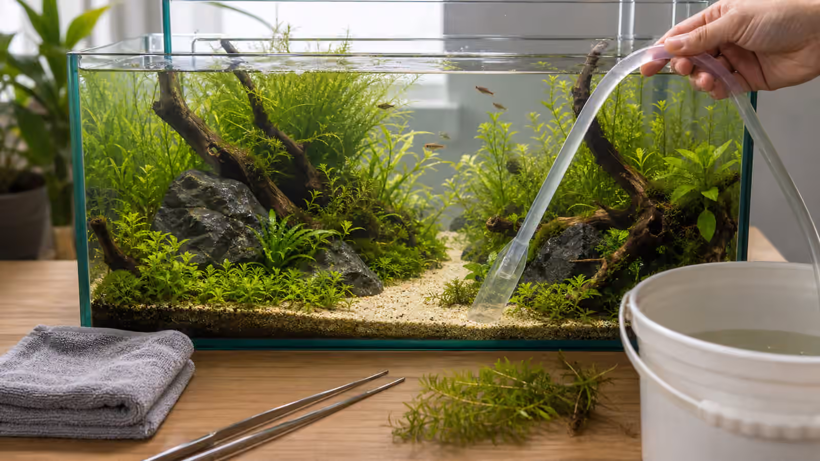 A planted aquarium during careful siphon cleaning around foreground plants, with a towel, bucket, and tweezers nearby.