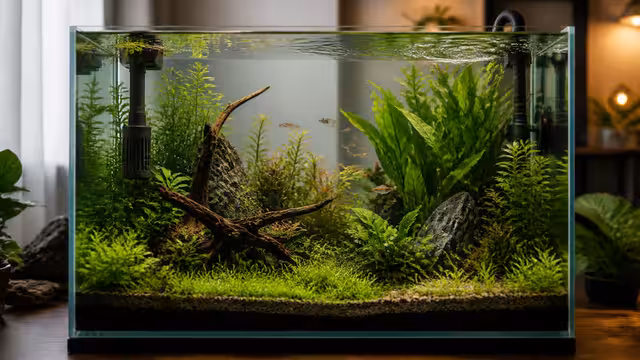 A planted aquarium with filter intake, heater, and outlet partly screened by tall plants and driftwood while surface ripple remains visible.