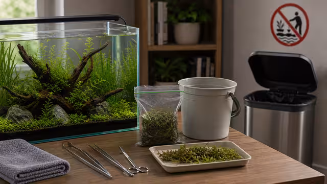 Responsible aquarium disposal station with removed plants in a sealed bag, dry tools, bucket, and no connection to outdoor waterways.