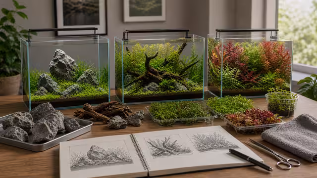 Three small planted aquarium style studies showing stone-focused, nature-style wood, and dense plant-group layouts.