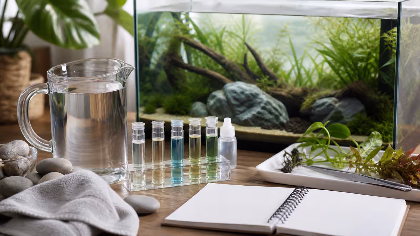 A planted aquarium beside water hardness test vials, a pitcher, smooth stones, and a blank notebook.