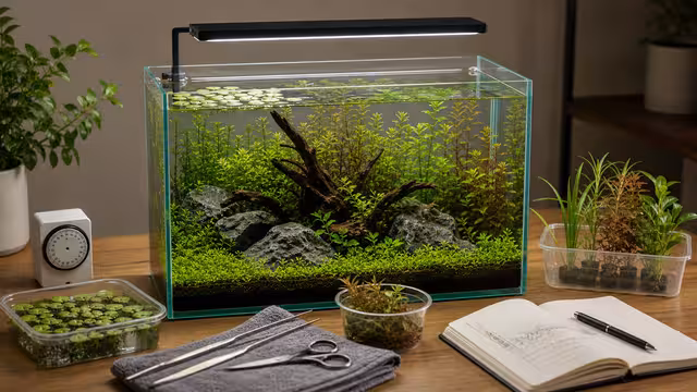 A planted aquarium under an adjustable light with a timer, plant trimmings, algae scraper, and notebook nearby.