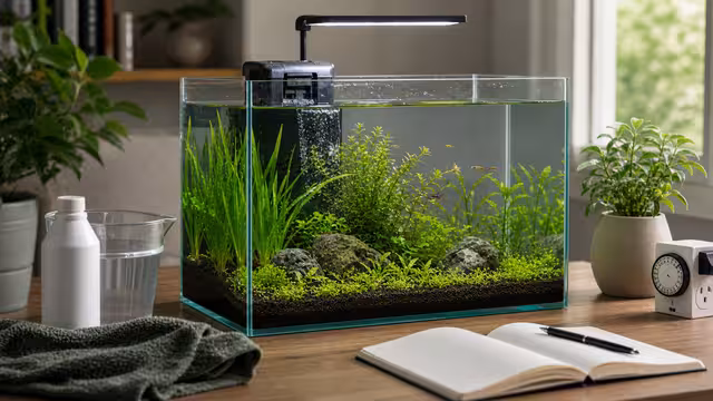 A low-tech planted aquarium with hardy plants, simple filter, timer light, water conditioner, and maintenance notebook.