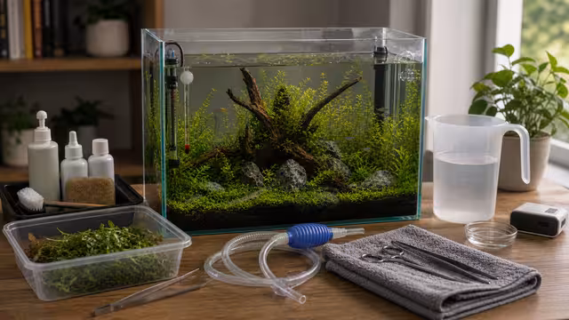 A planted aquarium maintenance setup with towel, siphon, bucket, scissors, test tubes, filter sponge, and checklist on a dry table.