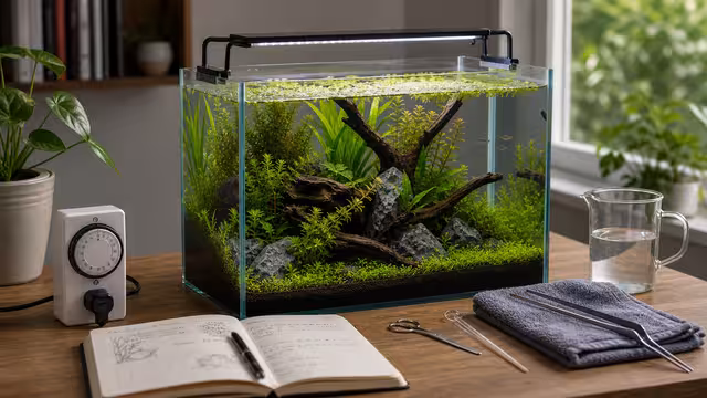 Aquarium light timer, planted tank, dimmable light bar, curtains, and a maintenance note card arranged near a tank.