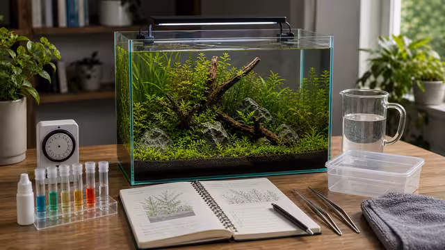 A newly planted aquarium with no fish yet, testing kit, calendar, and plant tools arranged for a fishless setup plan.
